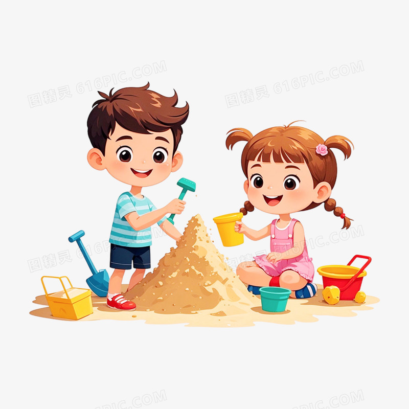 卡通手绘 夏日小孩子玩沙子免抠元素