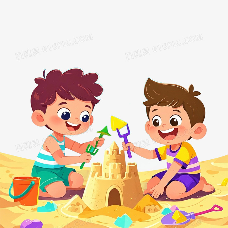 卡通手绘 夏日小孩子玩沙子免抠元素