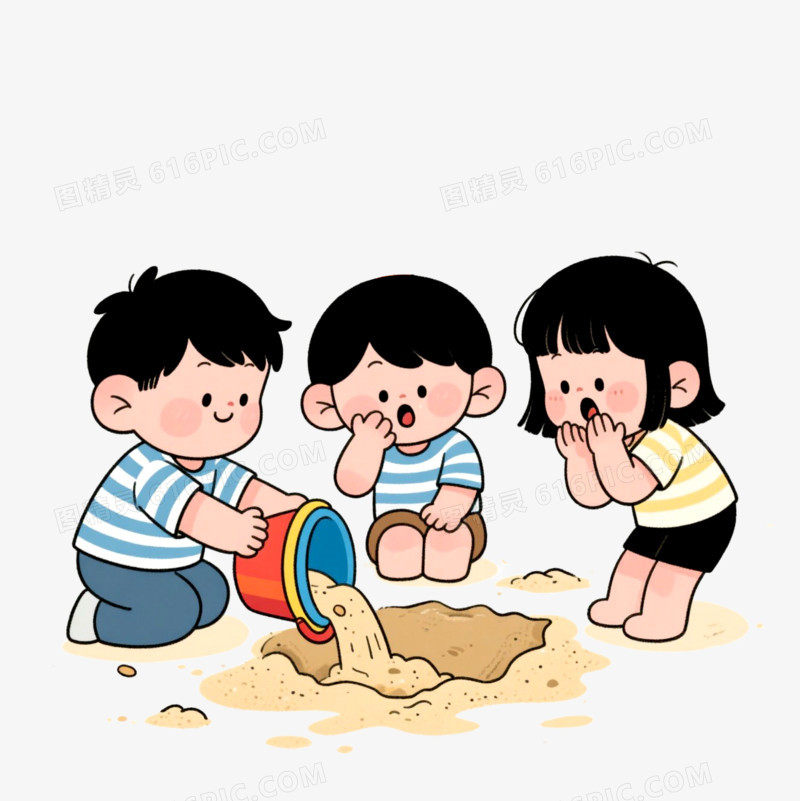 手绘卡通小朋友一起玩沙免抠元素