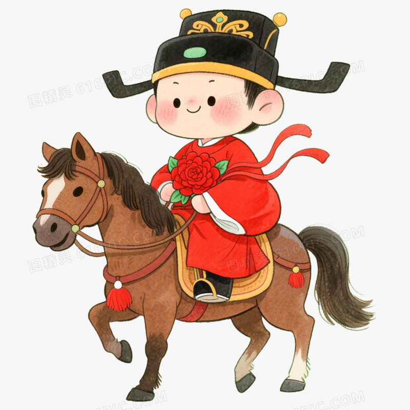 卡通手绘状元郎骑马免抠元素