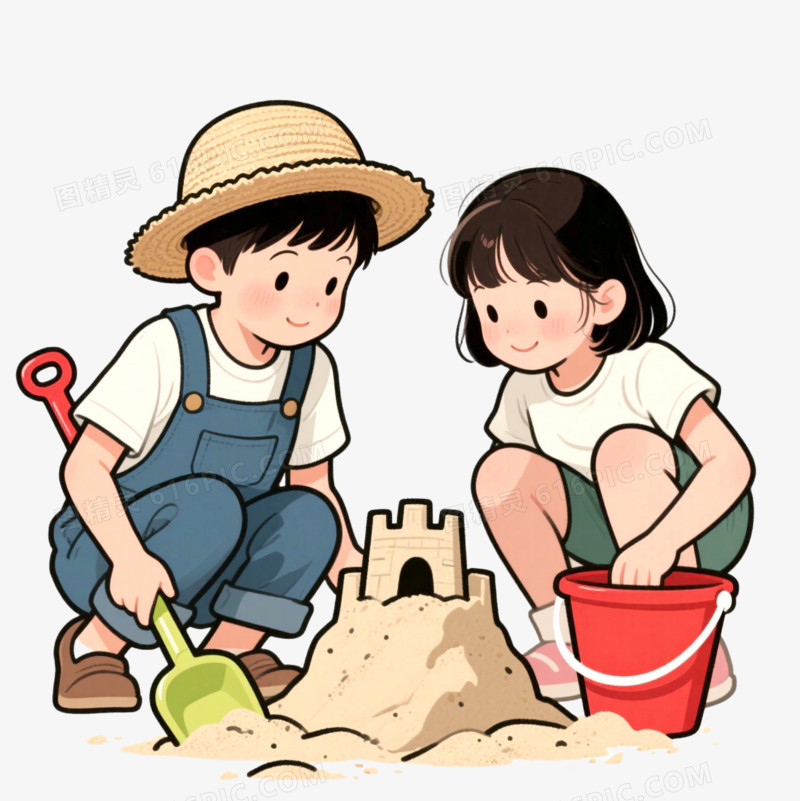 手绘卡通小朋友一起玩沙免抠元素