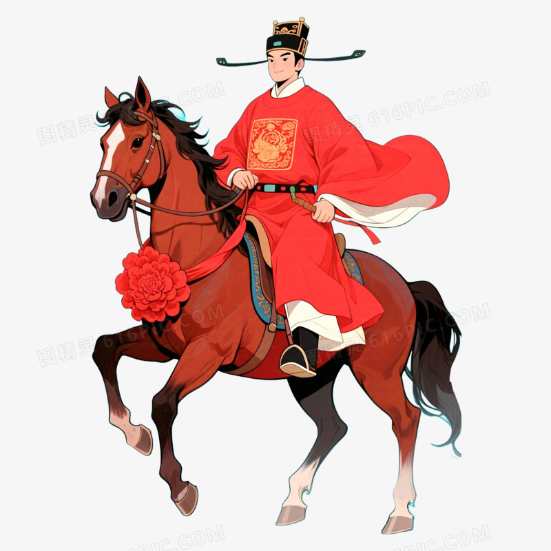 卡通手绘状元郎骑马免抠元素