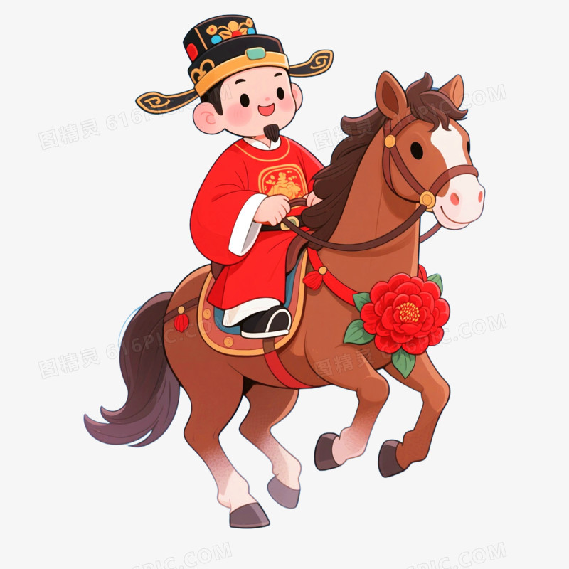 卡通手绘状元郎骑马免抠元素