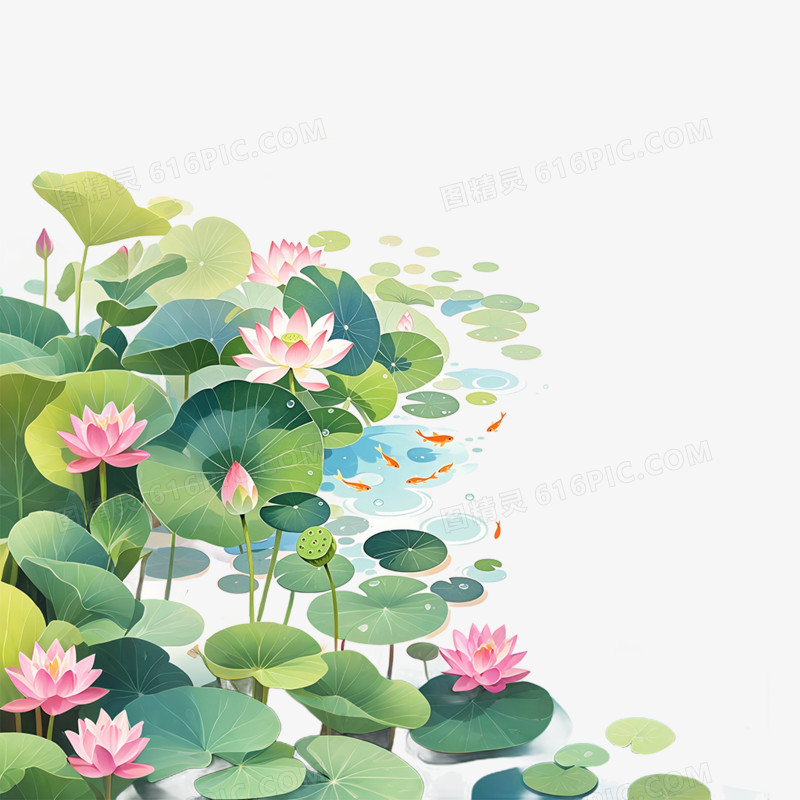 卡通手绘荷花鱼池免抠元素