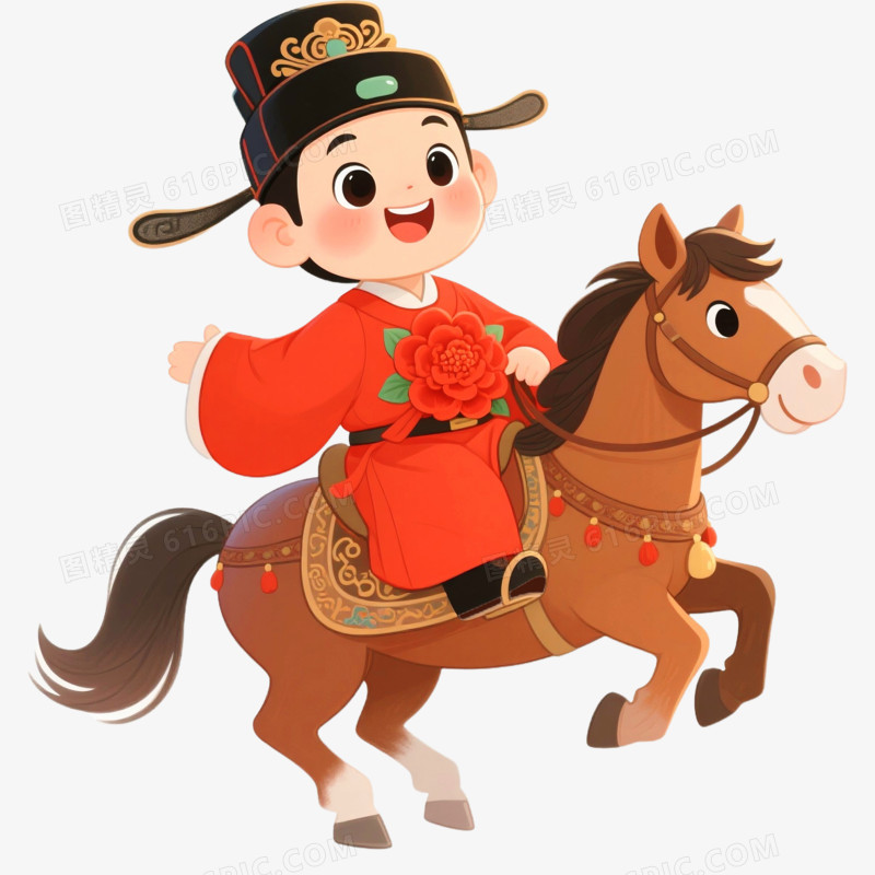 卡通手绘状元郎骑马免抠元素