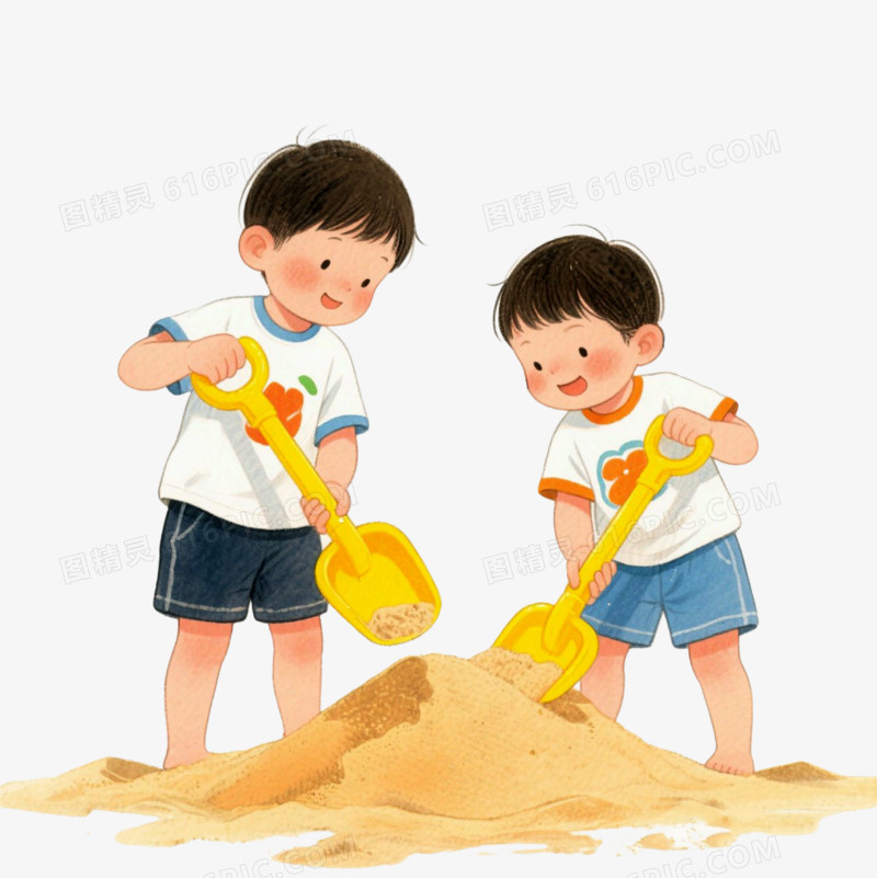 手绘卡通小朋友一起玩沙免抠元素