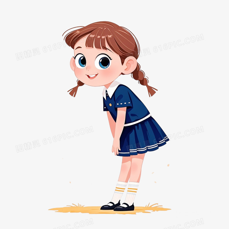 儿童插画女生鞠躬问好免抠元素
