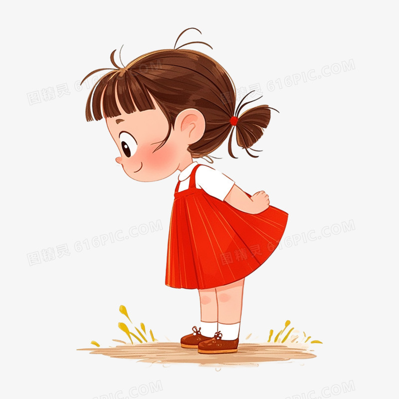 儿童插画女生鞠躬问好免抠元素