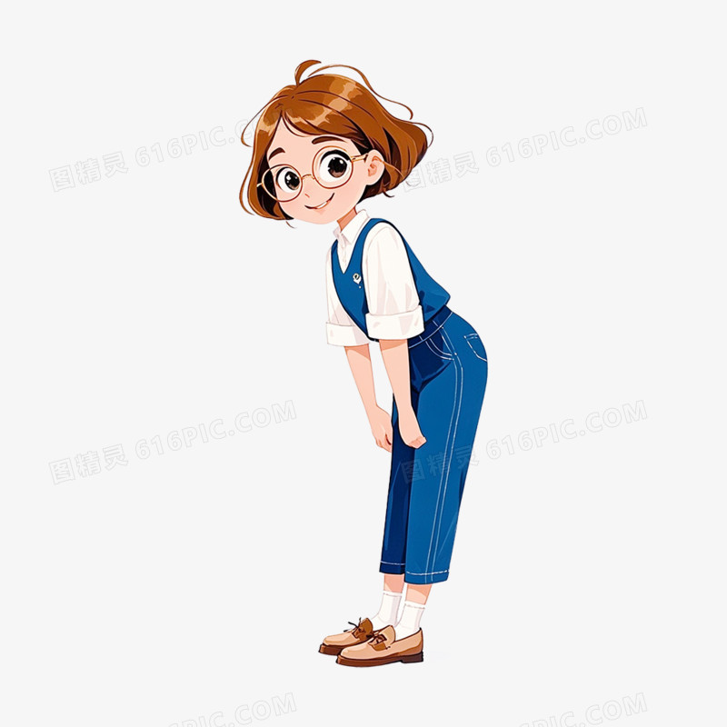 儿童插画女生鞠躬问好免抠元素
