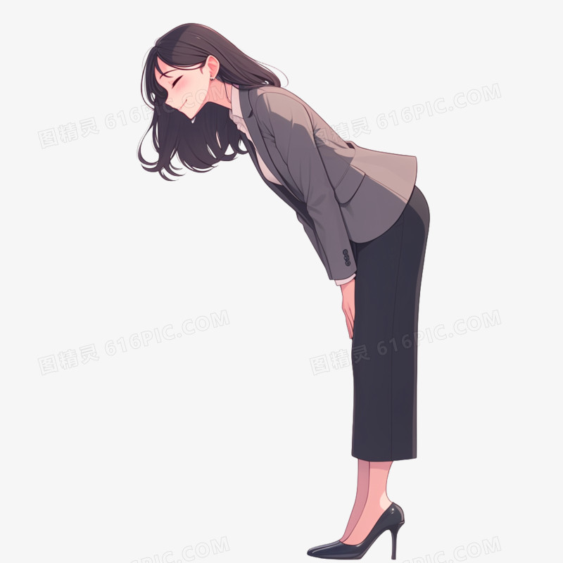 卡通风女人鞠躬问好免抠元素