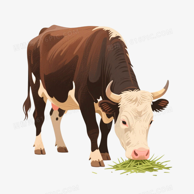 卡通手绘风牛吃草免抠元素
