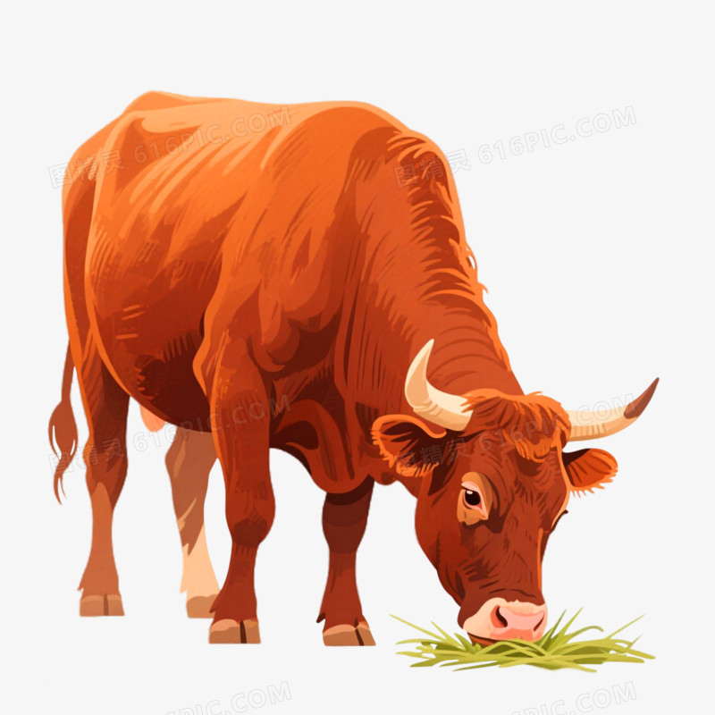 卡通手绘风牛吃草免抠元素
