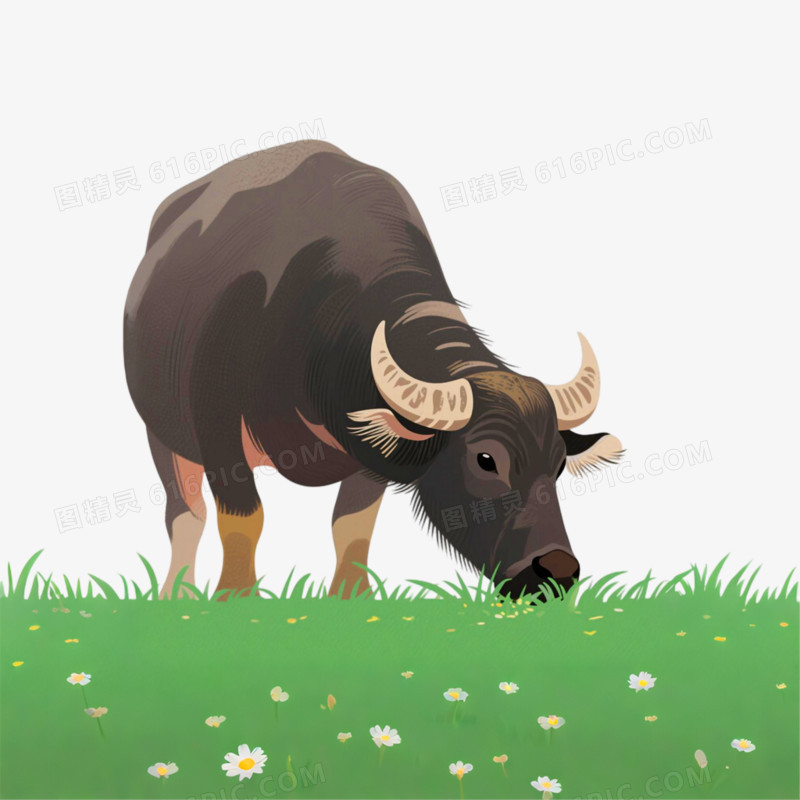 卡通手绘风牛吃草免抠元素