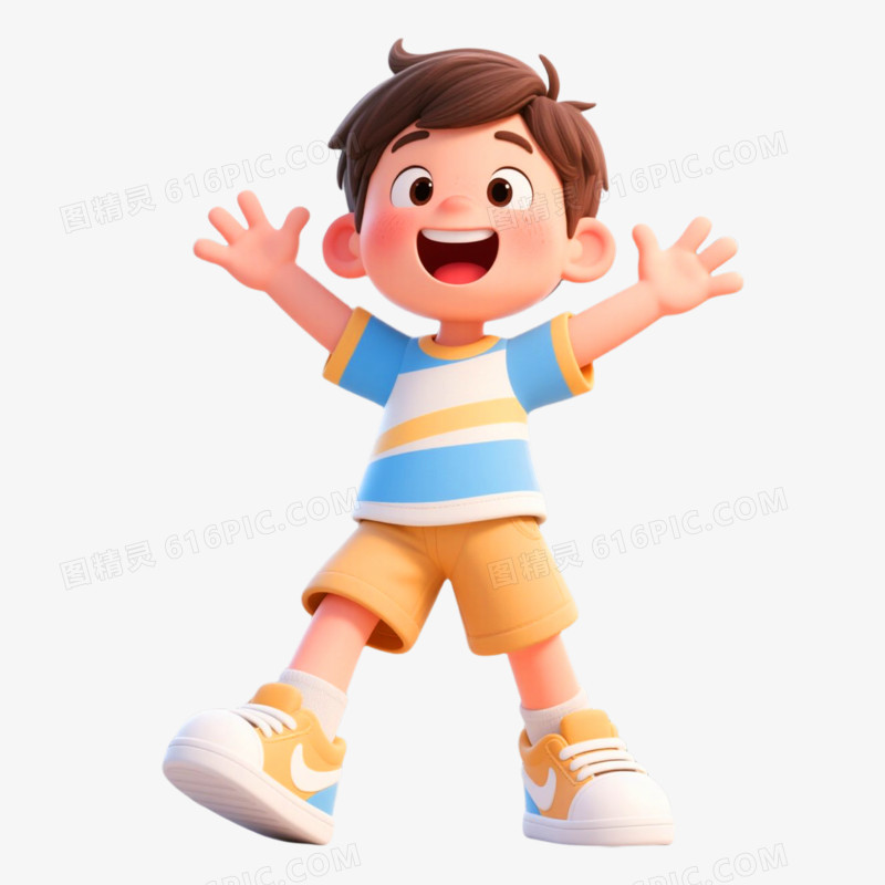 3D插画风格小男孩兴奋表情包免抠元素