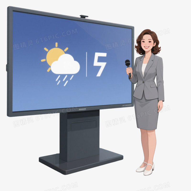 插画一个穿着灰色西服的女播音主持人在播报天气免抠元素