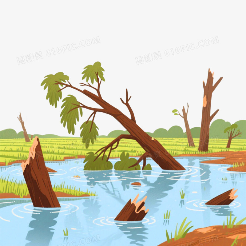 手绘插画风格洪涝灾害免抠元素