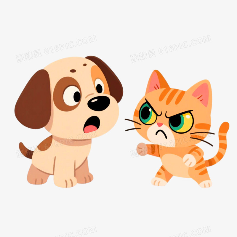 手绘插画风格两个拟人化小动物吵架免抠元素
