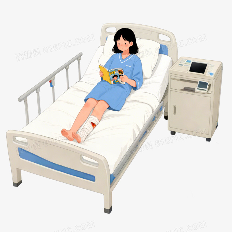 手绘卡通穿病号服腿伤的病人免抠元素