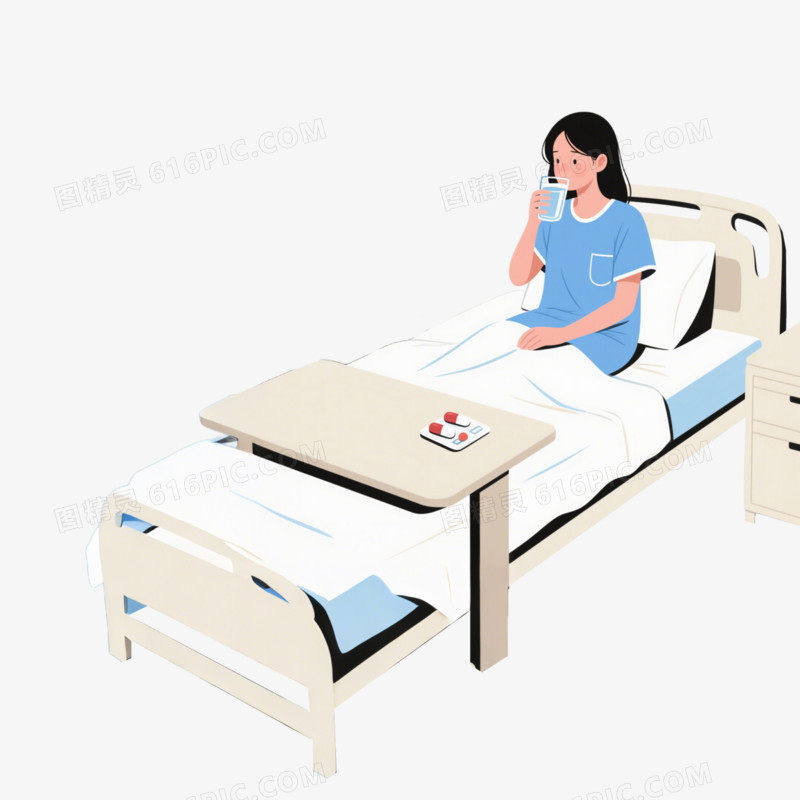 手绘卡通穿病号服喝药的病人免抠元素