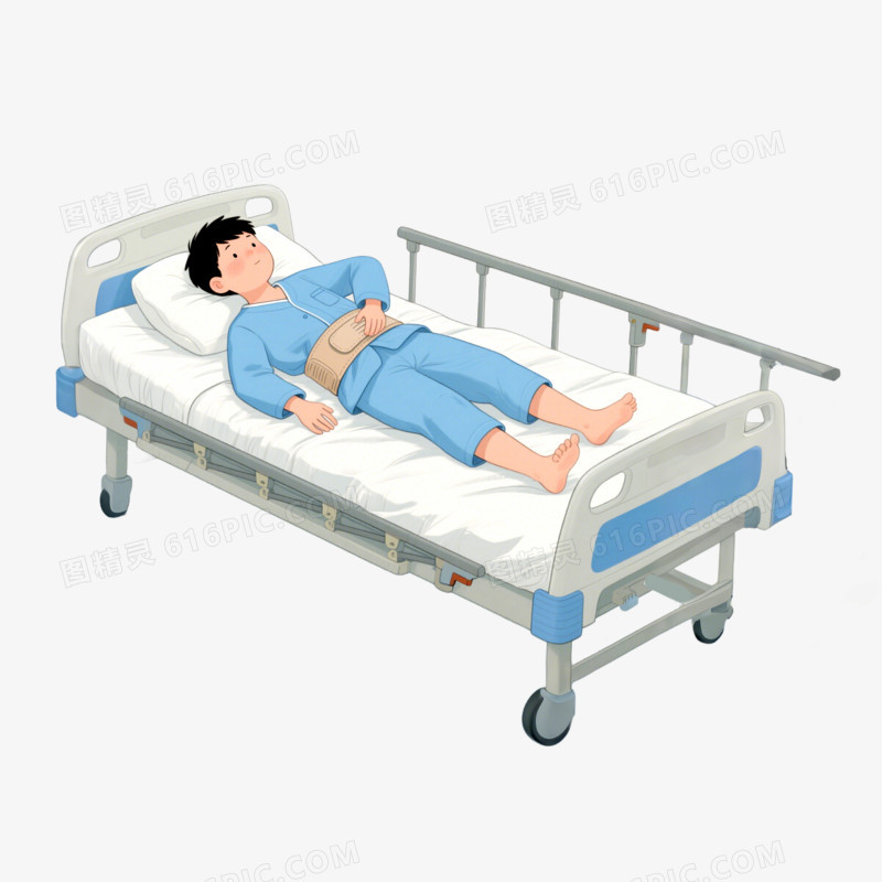 手绘卡通穿病号服病床上的病人免抠元素