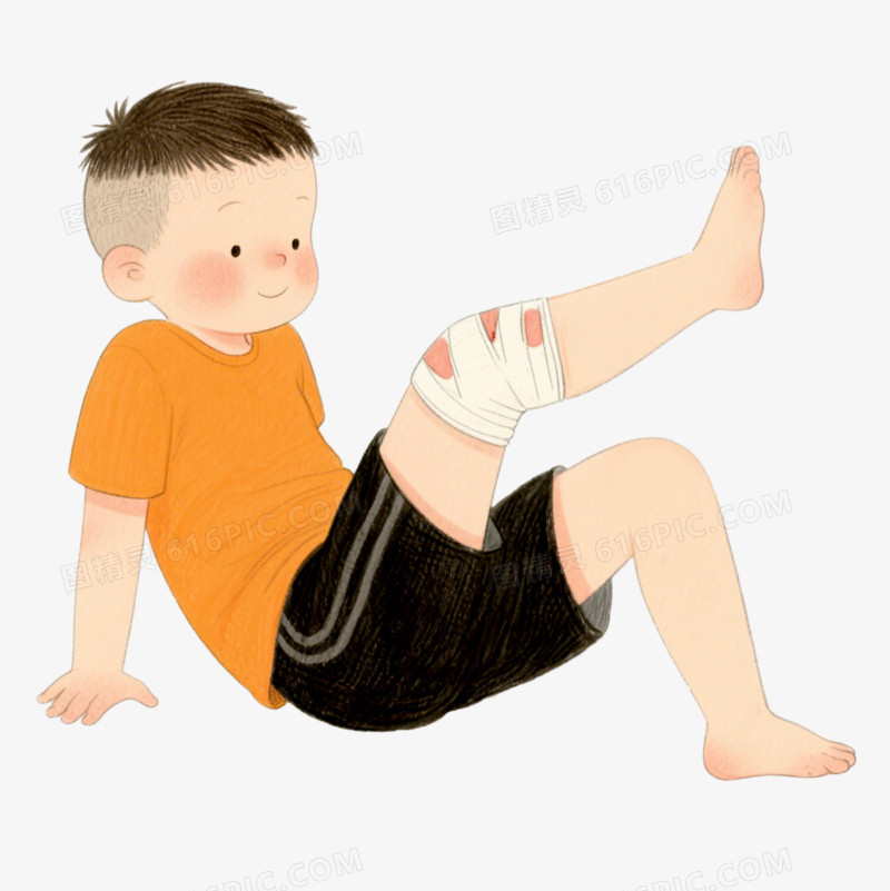 手绘卡通人物小男孩腿部受伤免抠元素
