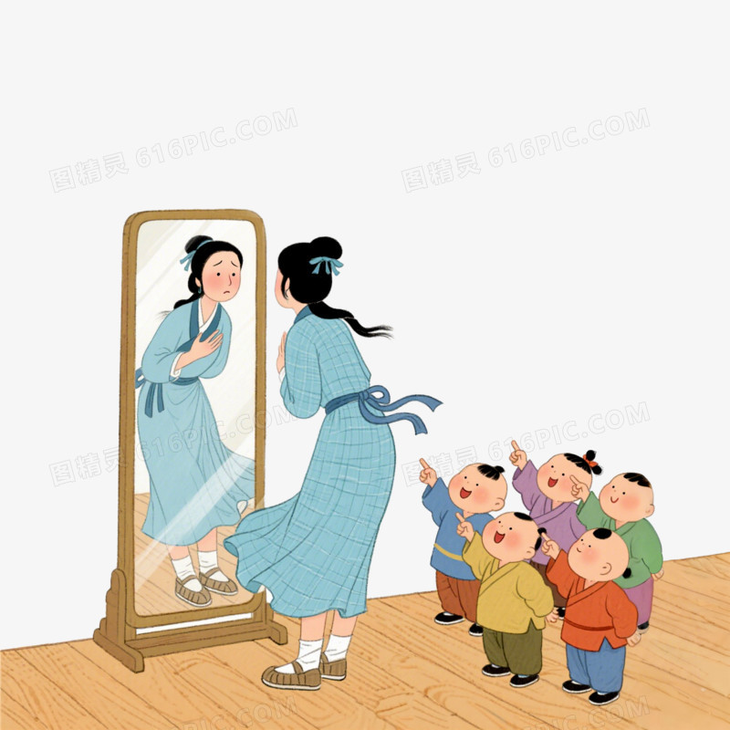手绘卡通成语故事东施效颦免抠元素
