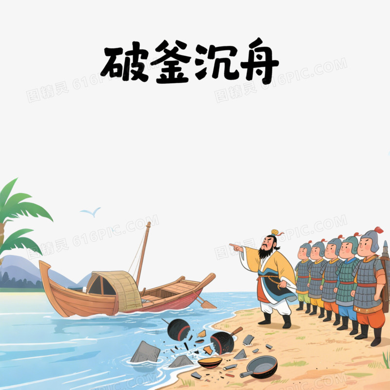 手绘卡通成语故事破釜沉舟免抠元素
