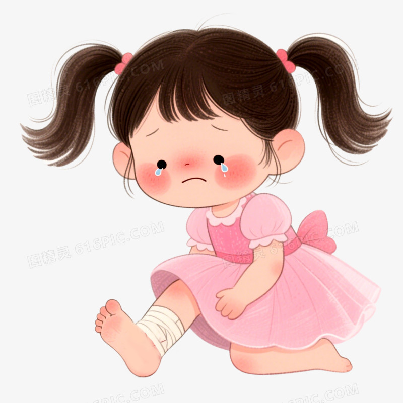 手绘卡通人物小女孩脚部受伤免抠元素