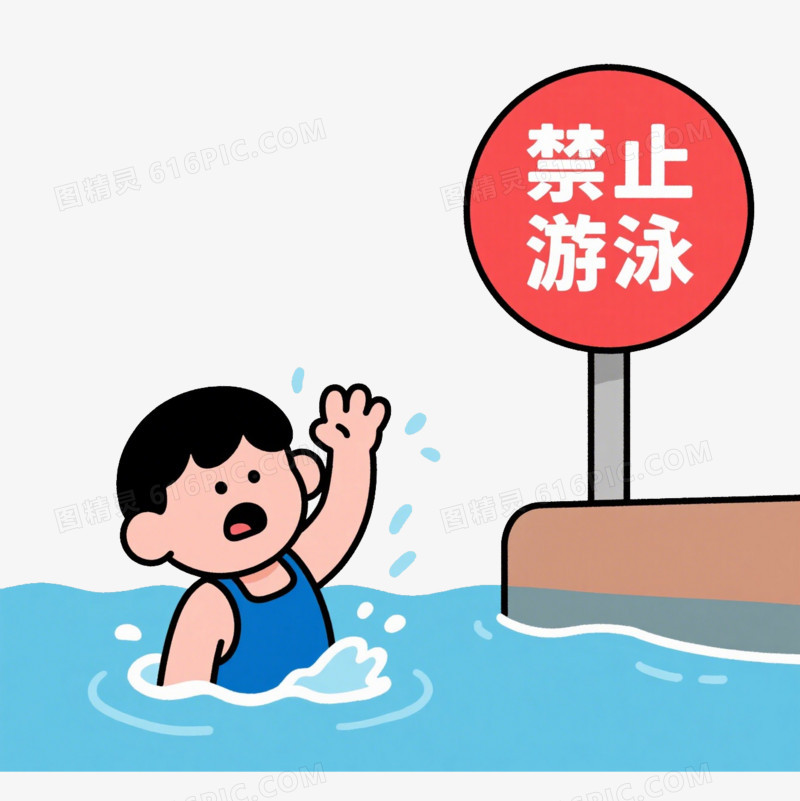 插画小男孩在禁止游泳的河里挣扎免抠元素