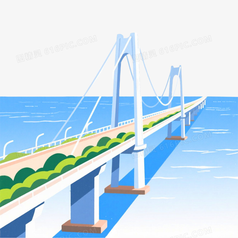 手绘插画跨海桥免抠元素