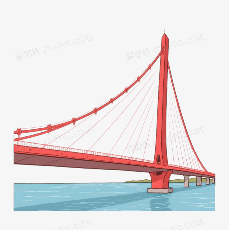 插画风红色悬索桥桥免抠元素