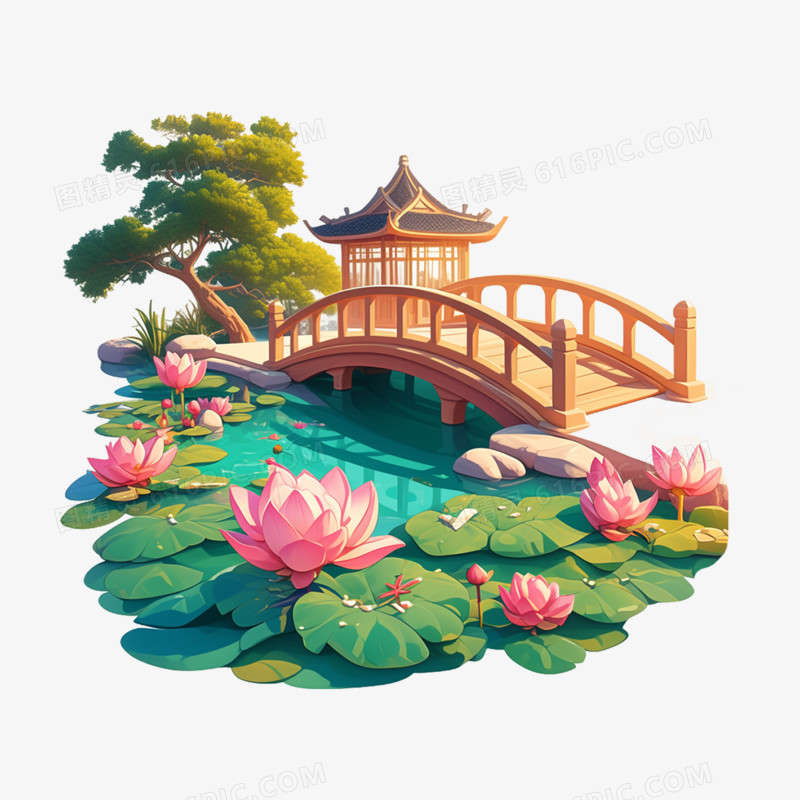 卡通手绘荷花池拱桥免抠元素