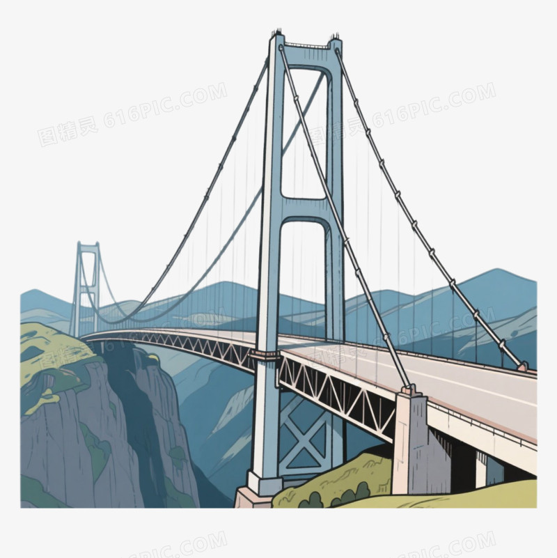 插画风山谷中的吊索桥免抠元素