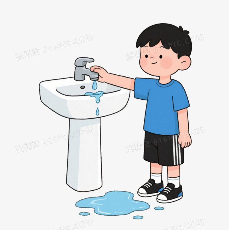 卡通小男孩关闭滴水的水龙头免抠元素