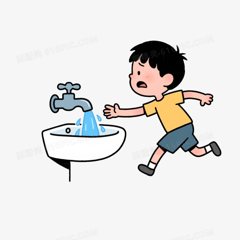 卡通小男孩关闭滴水的水龙头免抠元素
