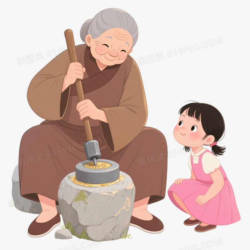 手绘卡通成语故事 铁杵磨成针免抠元素