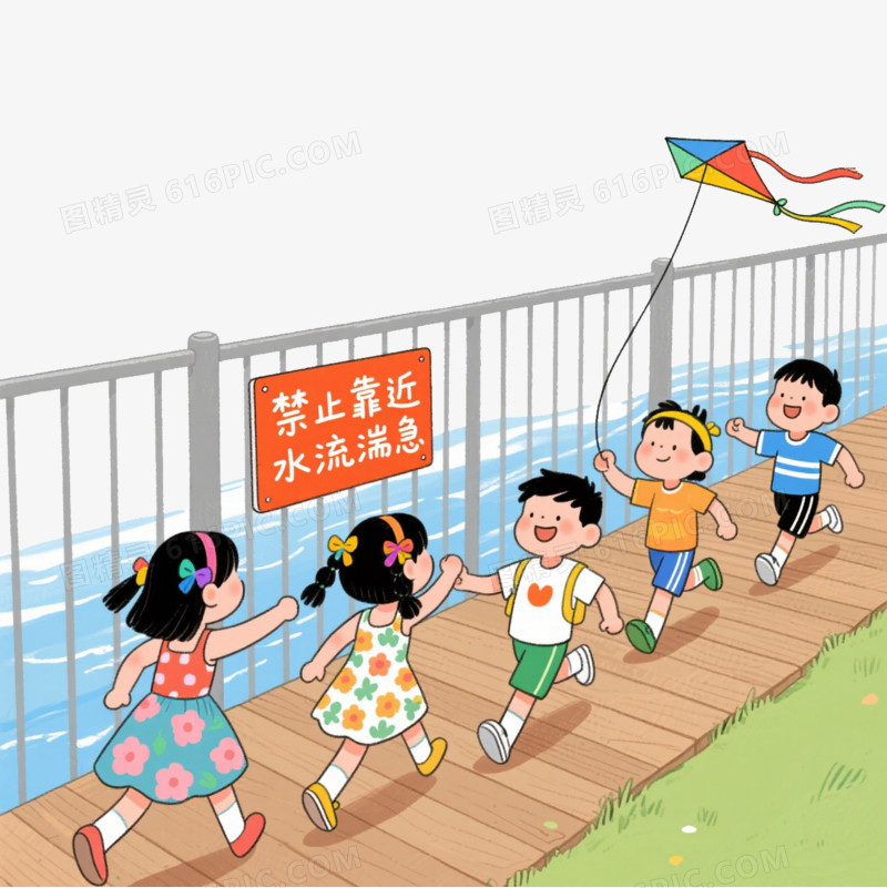 插画一群小朋友在河边栏杆外面玩耍免抠元素