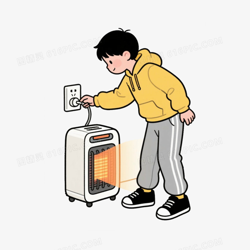 卡通小男孩关闭电暖器免抠元素
