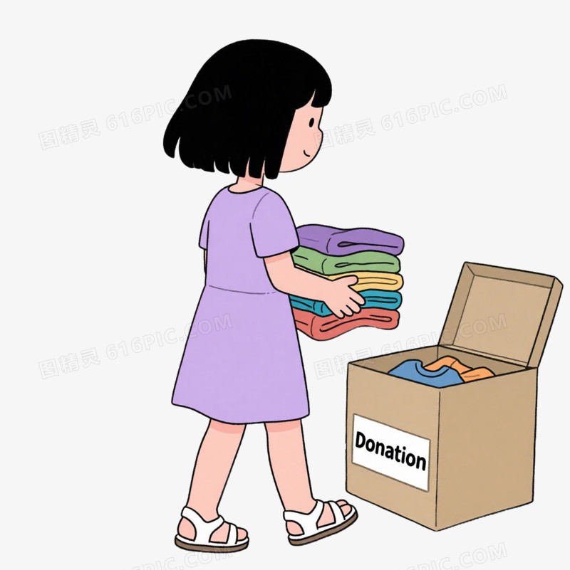 卡通小女孩将旧衣服放进捐赠箱免抠元素