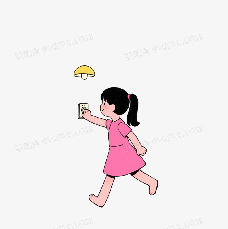 卡通小女孩关掉壁灯免抠元素