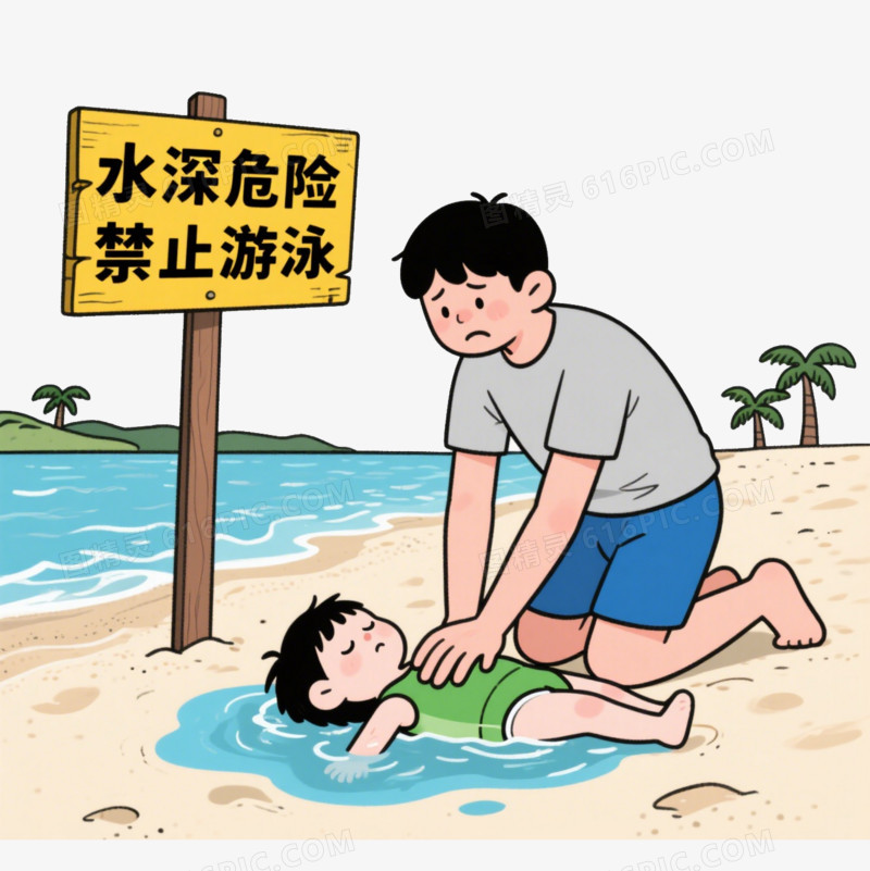 插画一个男人救助溺水的小男孩免抠元素