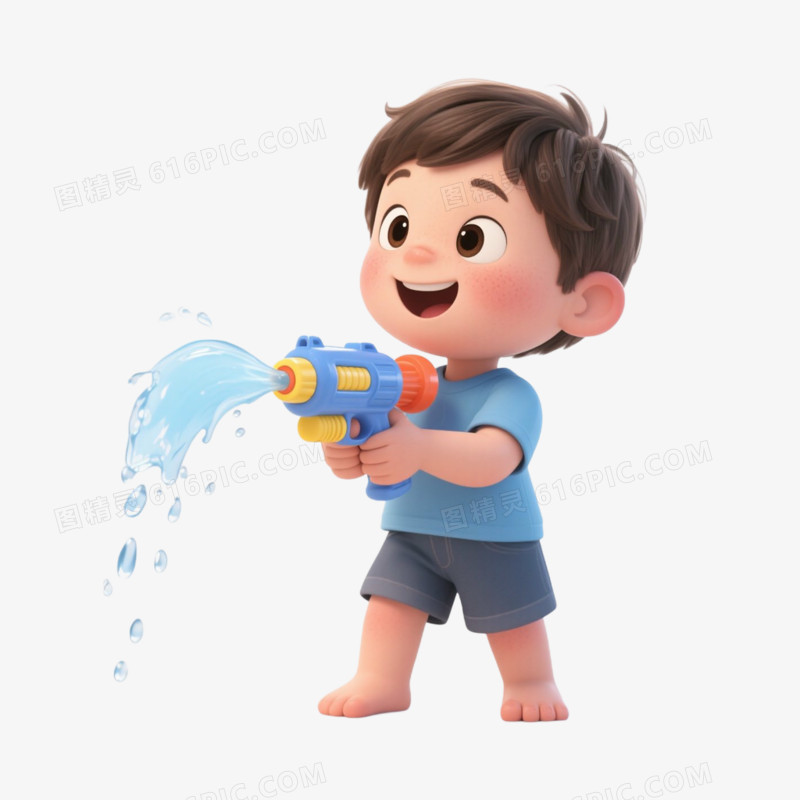 夏日3D人物玩水枪免抠元素