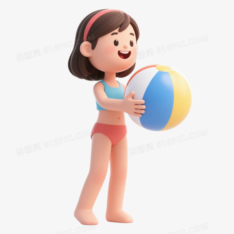 夏日3D人物玩沙滩排球免抠元素