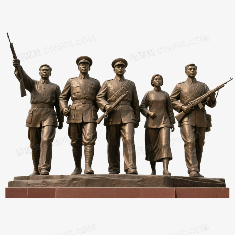 3D风格五人持枪革命雕塑免抠元素