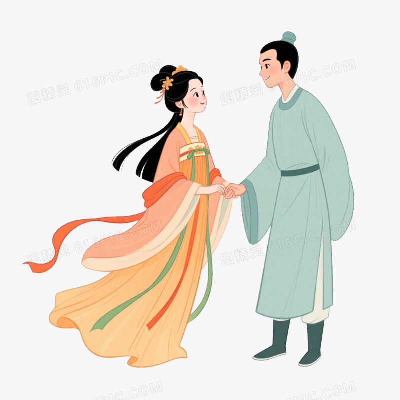 插画一对穿着古装的情侣拉着手免抠元素