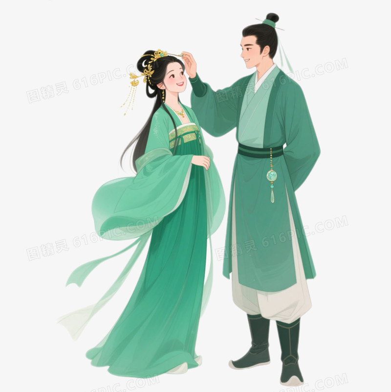 插画一对穿着绿色古装的情侣免抠元素