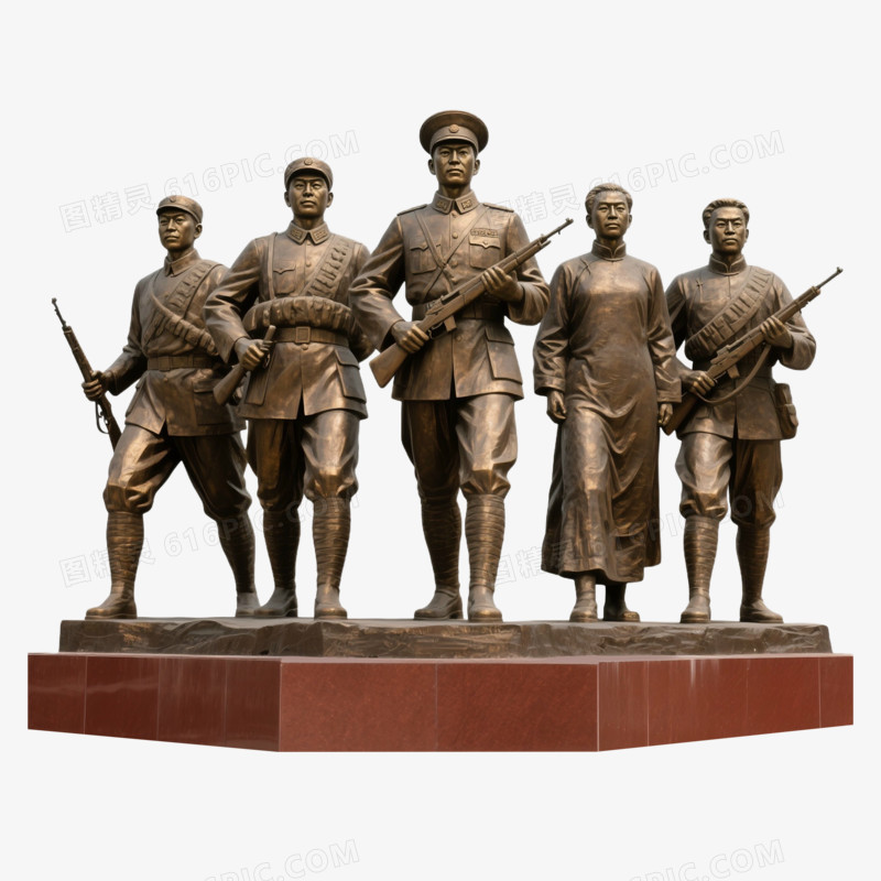 3D风格五人持枪革命雕塑免抠元素