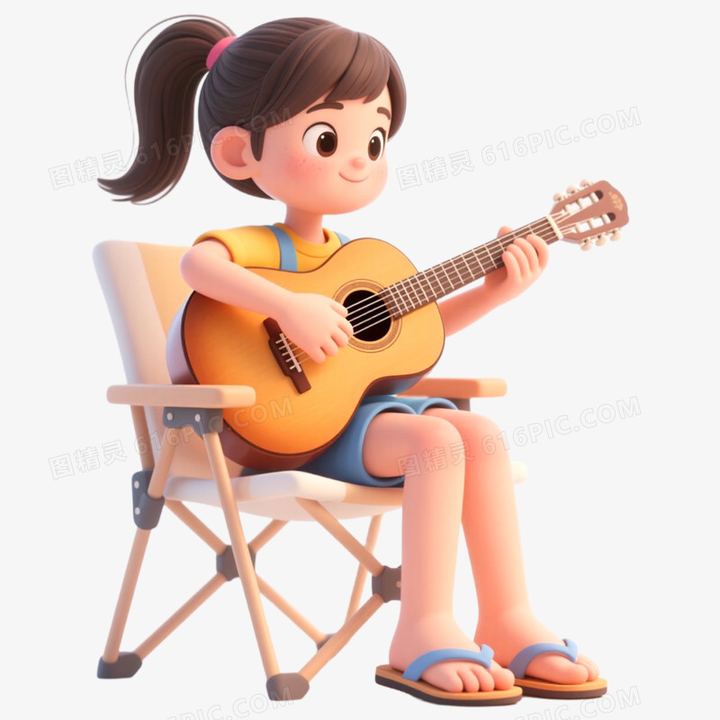 3D立体女孩夏日弹吉他免抠元素