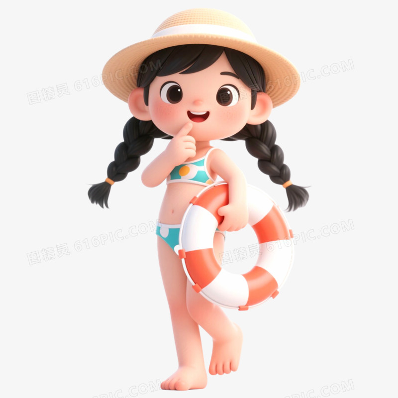 3D立体女孩夏日拿救生圈免抠元素
