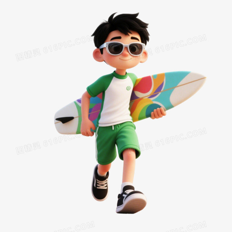 3D风格夏日人物纳凉冲浪免抠元素